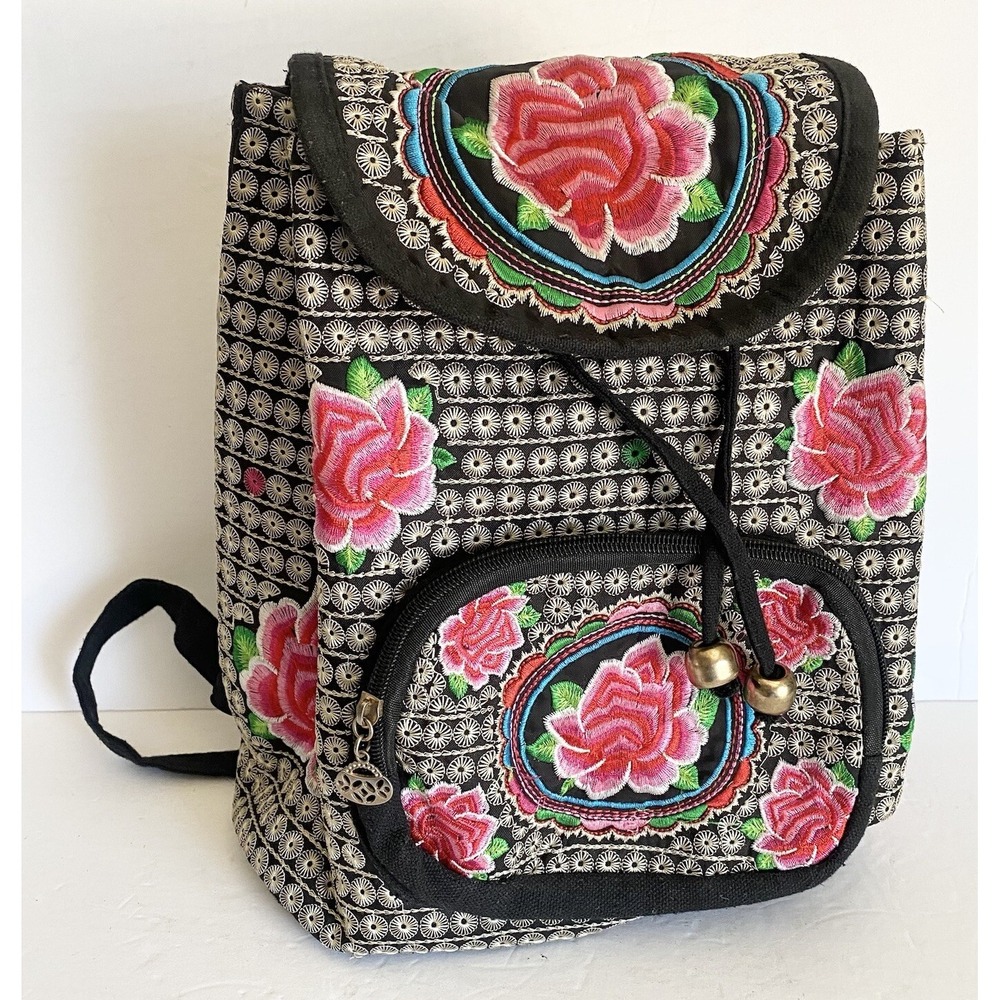 Unbranded Backpack Womens Medium Floral Rose Embroidered Boho Black Excellent
